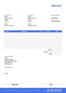 Simple PDF invoice template with terms 2/10 net 30, automatic invoice numbering, logo, bank details, discount, tax calculation formula, signature
