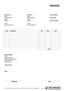 Basic Google Docs invoice template with terms 2/10 net 30, automatic invoice numbering, logo, bank details, discount, tax calculation formula, signature